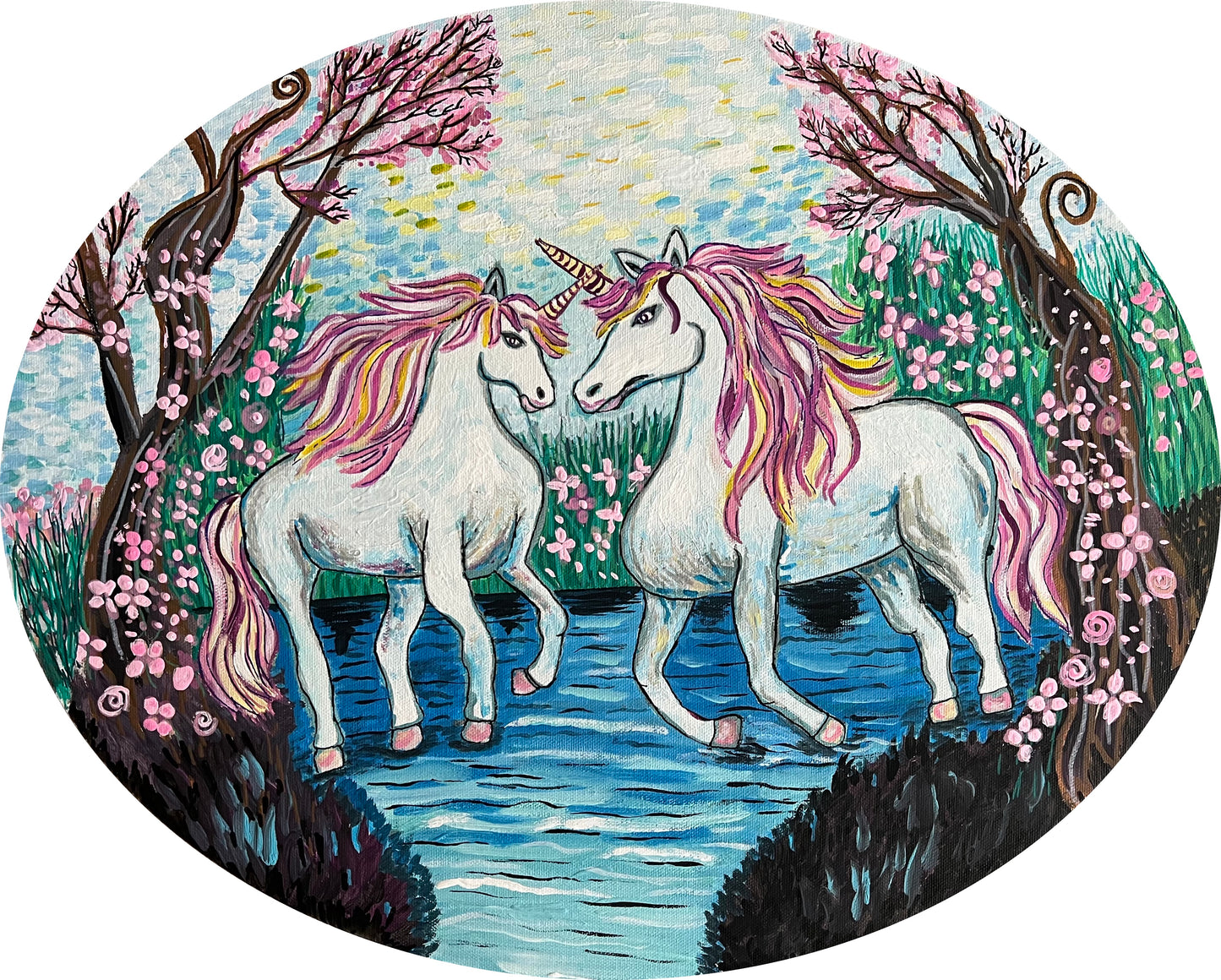 Unicorns 16 x 20 oval canvas acrylic painting