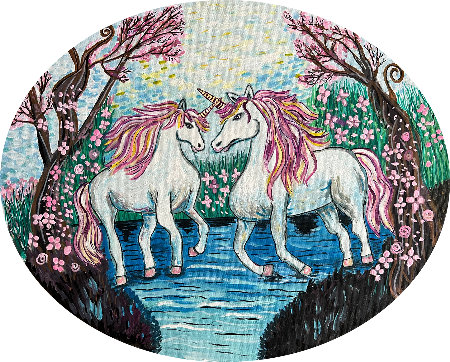 Unicorns 16 x 20 oval canvas acrylic painting