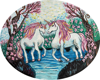 Unicorns 16 x 20 oval canvas acrylic painting