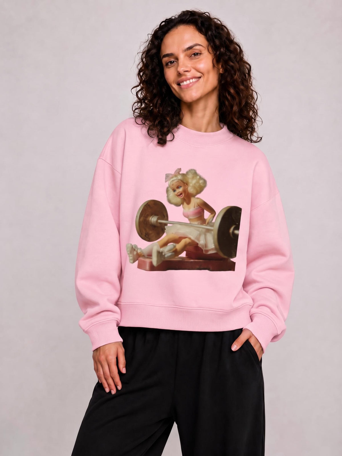 Funny Doll Face Barbie in a Gym Print Essential Fleece Mock-Neck Crew Sweatshirt