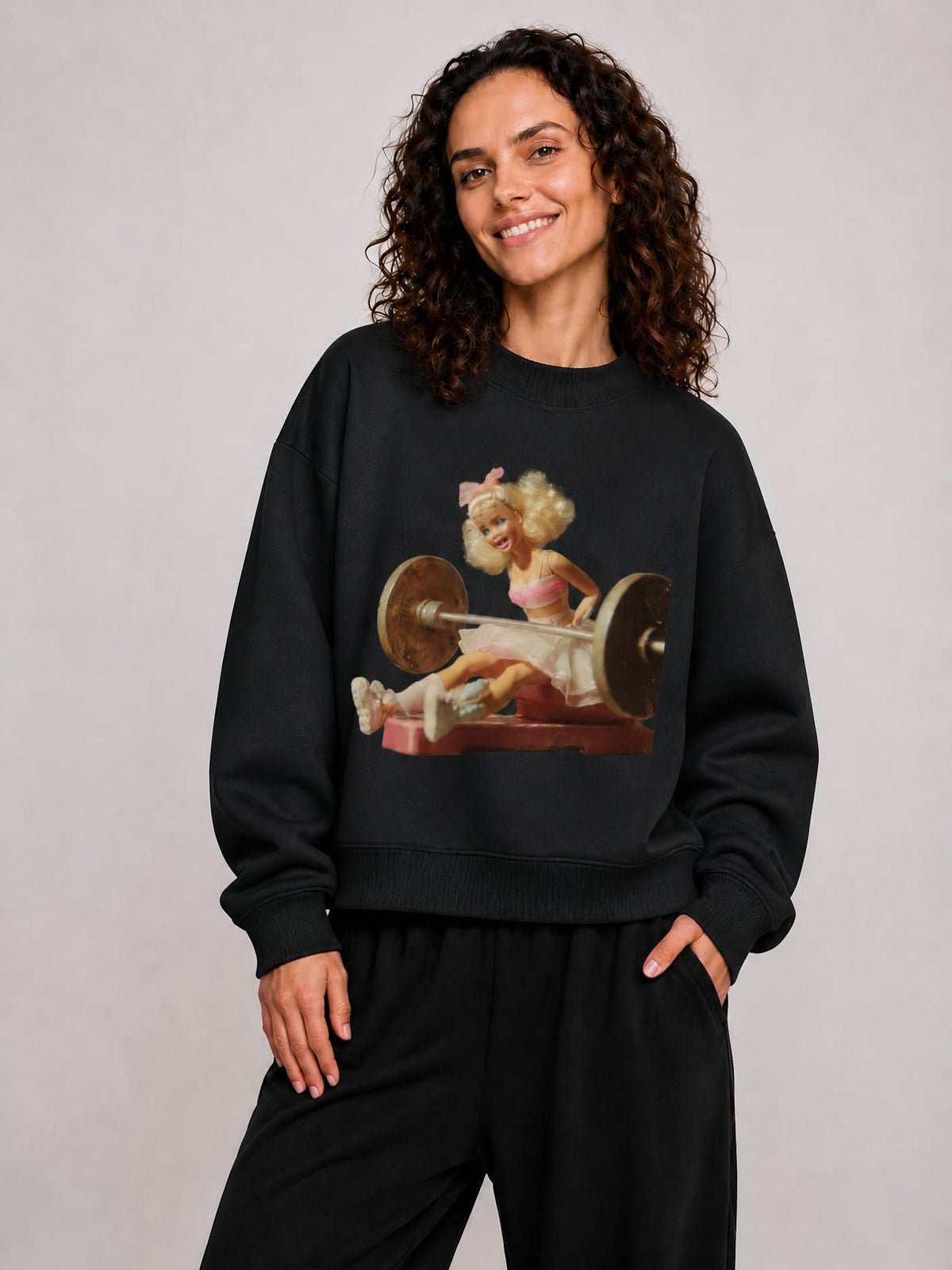Funny Doll Face Barbie in a Gym Print Essential Fleece Mock-Neck Crew Sweatshirt