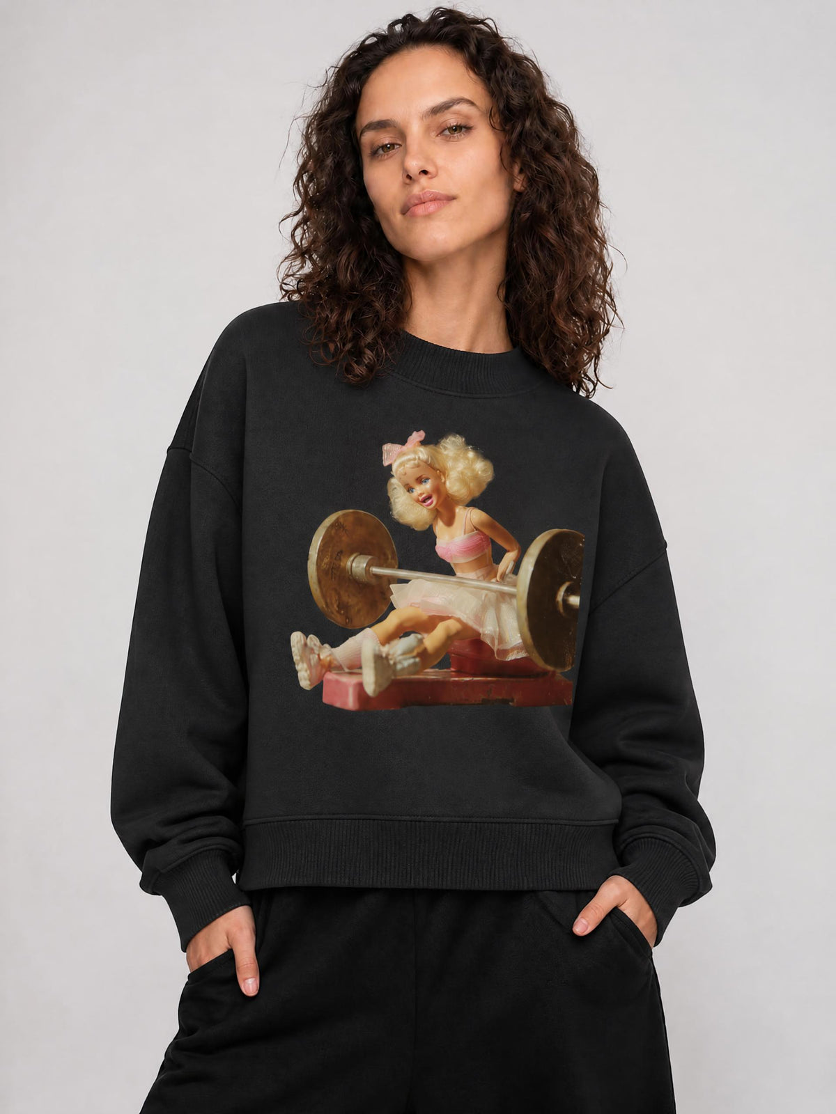 Funny Doll Face Barbie in a Gym Print Essential Fleece Mock-Neck Crew Sweatshirt