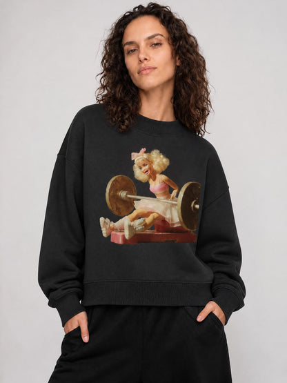 Funny Doll Face Barbie in a Gym Print Essential Fleece Mock-Neck Crew Sweatshirt