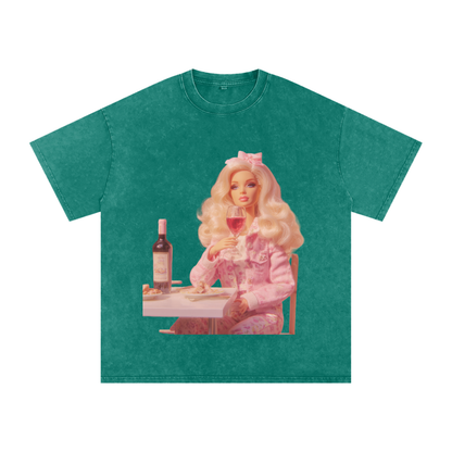Funny Barbie with a Wine Glass Snow Washed Oversized Cotton T-Shirt