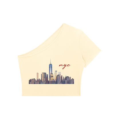 Women's One-Shoulder Crop T-Shirt with NYC Skyline Print