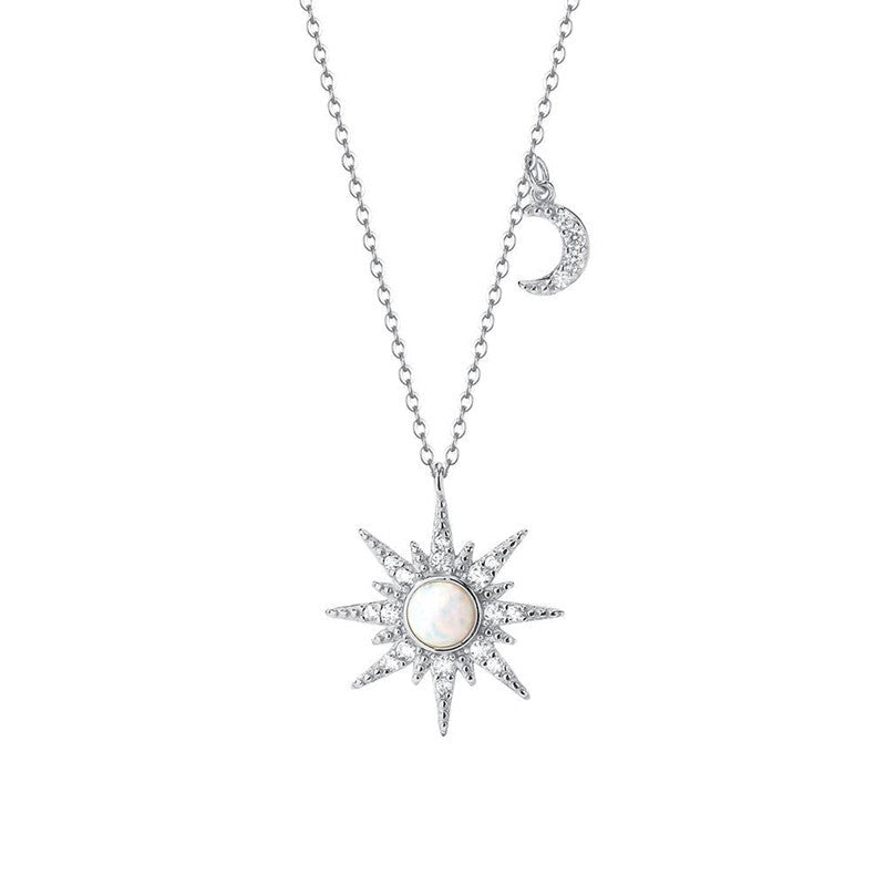 Opal Sun and Moon Dainty Pendant Necklace in 925 Sterling Silver