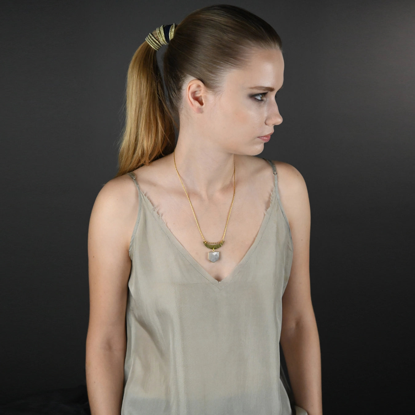 Moon & Semi Precious Shield Necklace Hammered Handmade Natural Gemstone