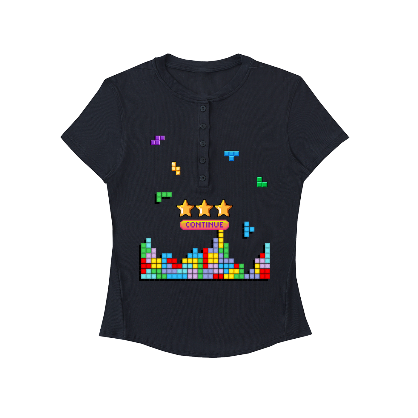 Women's Modal Bodycon Henley Shirt with Tetris Pixel Gaming Print