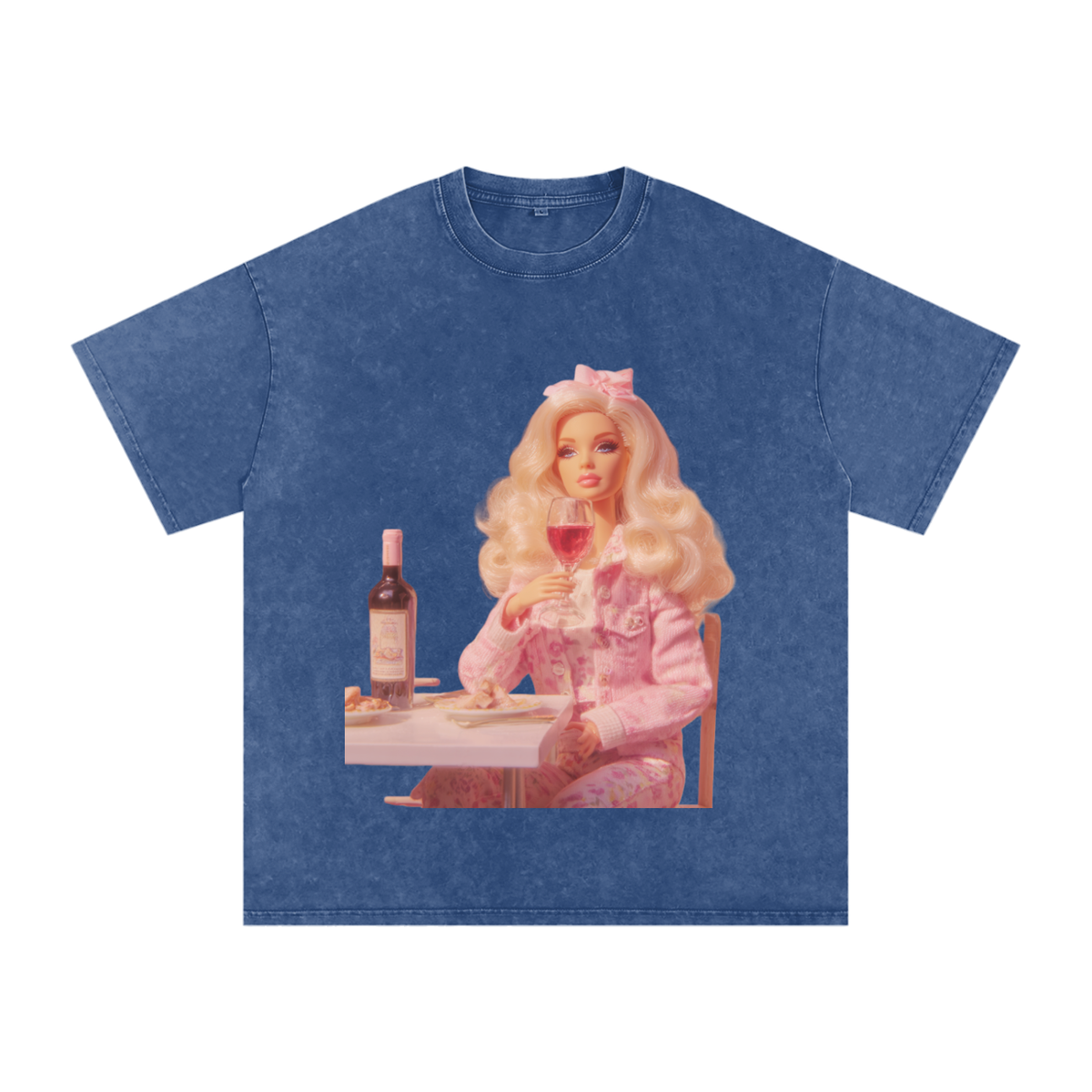 Funny Barbie with a Wine Glass Snow Washed Oversized Cotton T-Shirt