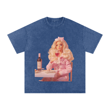 Funny Barbie with a Wine Glass Snow Washed Oversized Cotton T-Shirt