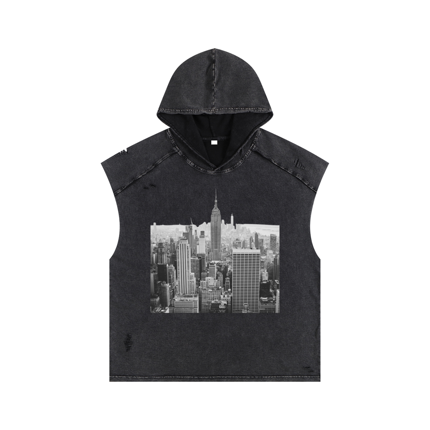 Snow Washed Boxy Hooded Tank Top with NYC Print Rooftop View Midtown Manhattan