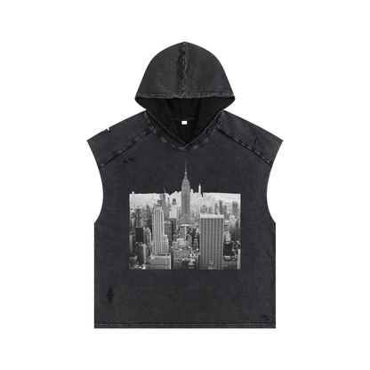 Snow Washed Boxy Hooded Tank Top with NYC Print Rooftop View Midtown Manhattan