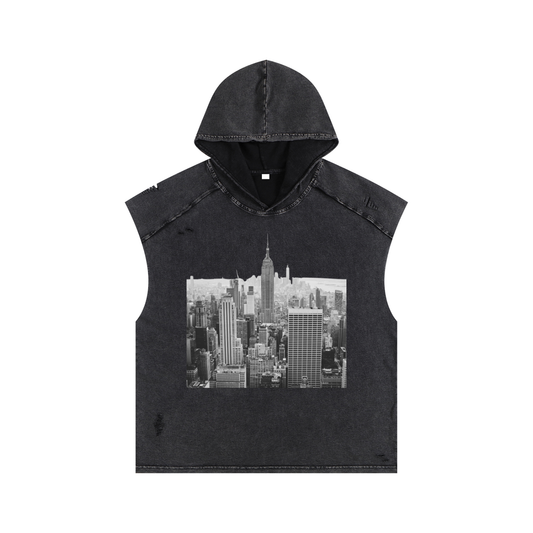 Snow Washed Boxy Hooded Tank Top with NYC Print Rooftop View Midtown Manhattan