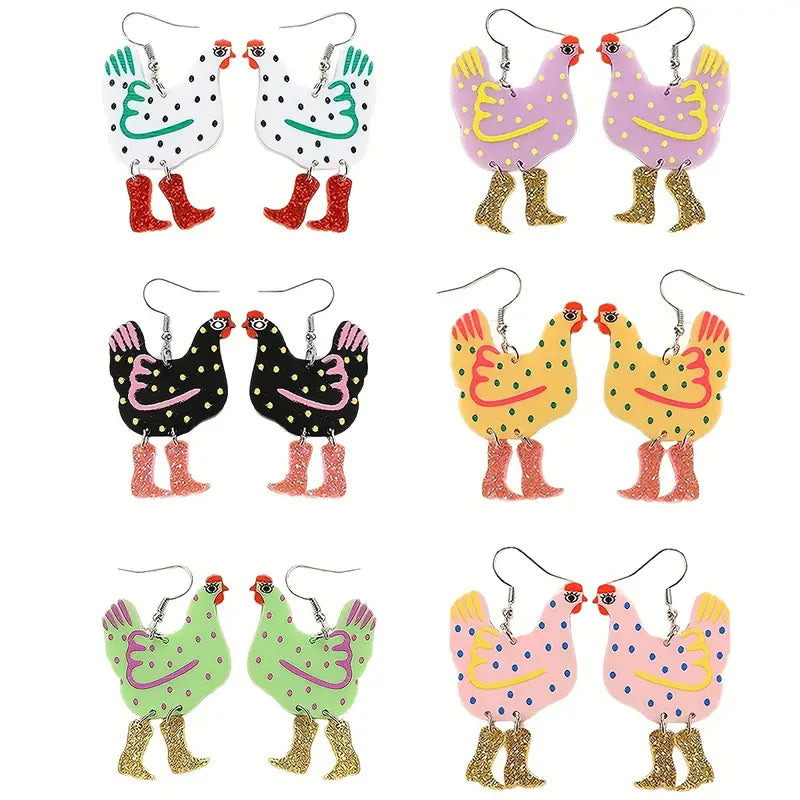 Polka Dot Chicken in Boots Dangle Drop Earrings