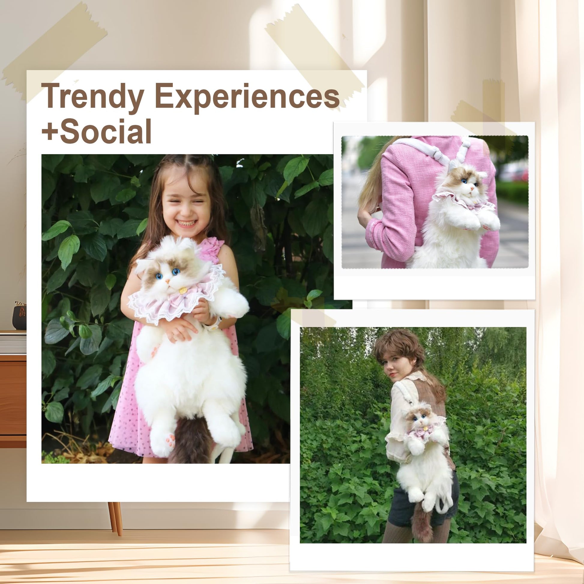 Chongker Cat Shaped Backpack - Handcrafted Stuffed Animals Plush Bag with Adjustable Shoulder, Crossbody, and Handbag Straps (MaineCoon Cat) - Canvas & Charms
