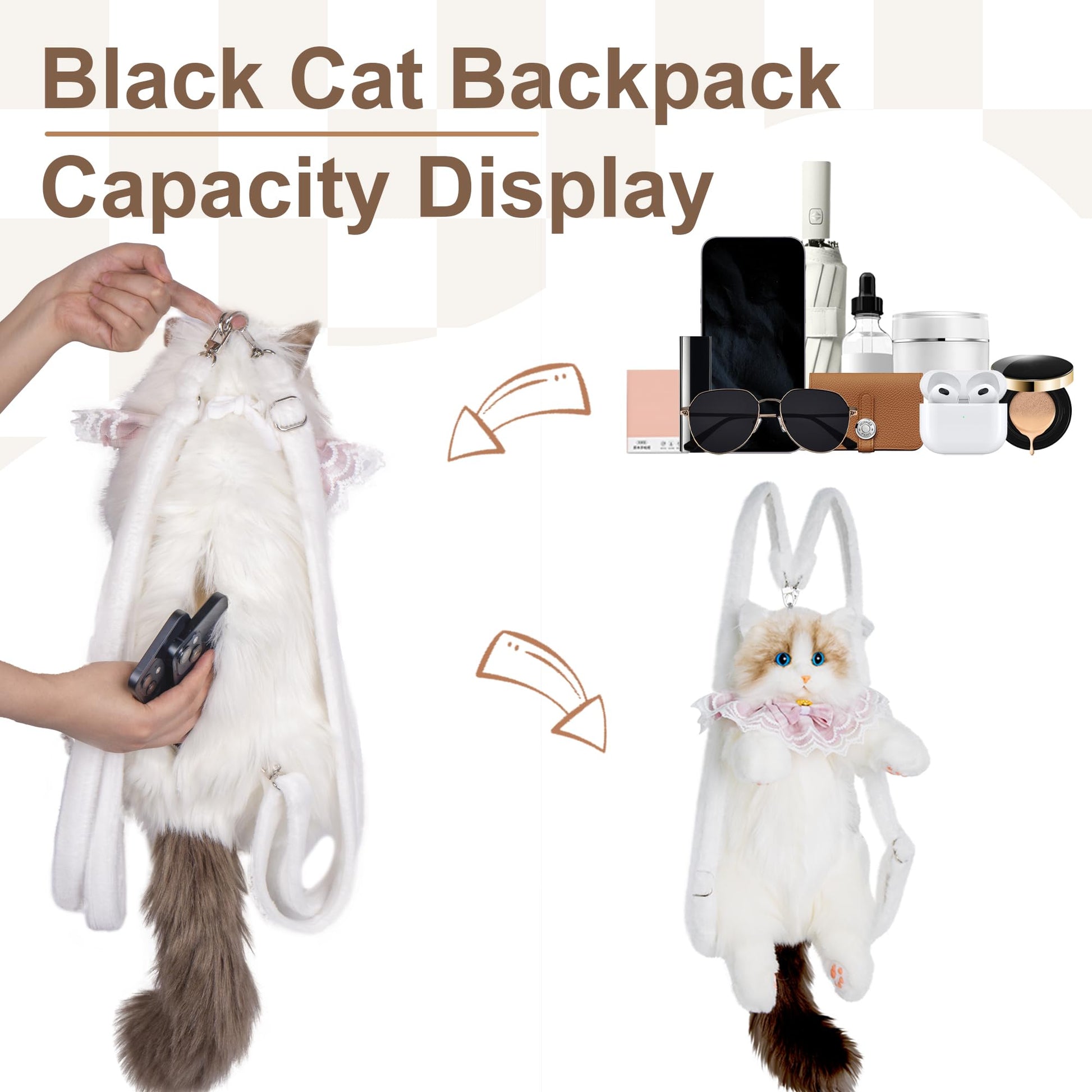 Chongker Cat Shaped Backpack - Handcrafted Stuffed Animals Plush Bag with Adjustable Shoulder, Crossbody, and Handbag Straps (MaineCoon Cat) - Canvas & Charms