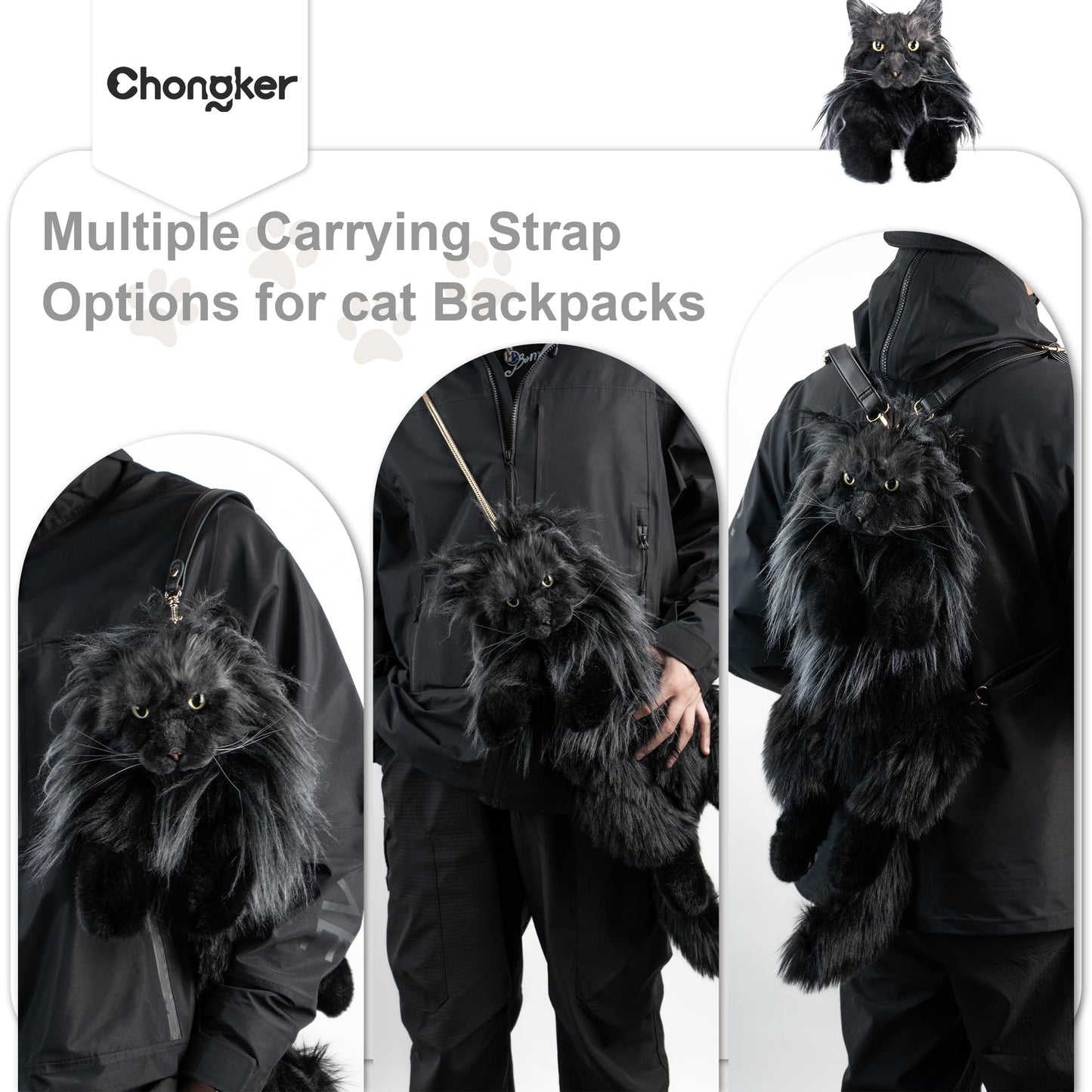 Chongker Cat Shaped Backpack - Handcrafted Stuffed Animals Plush Bag with Adjustable Shoulder, Crossbody, and Handbag Straps (MaineCoon Cat) - Canvas & Charms