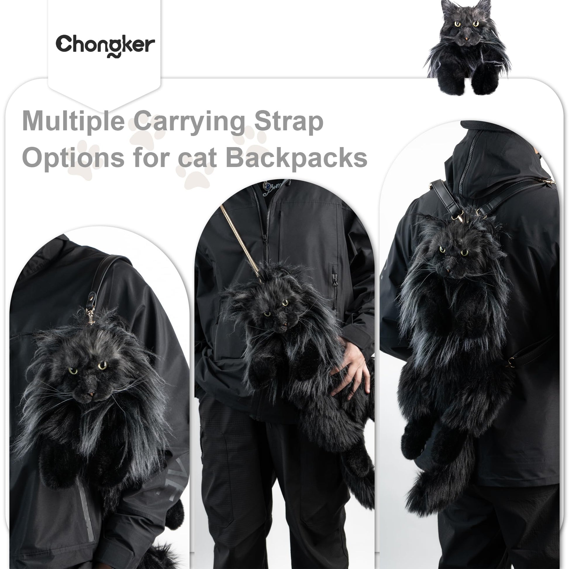 Chongker Cat Shaped Backpack - Handcrafted Stuffed Animals Plush Bag with Adjustable Shoulder, Crossbody, and Handbag Straps (MaineCoon Cat) - Canvas & Charms