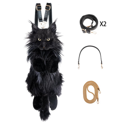 Chongker Cat Shaped Backpack - Handcrafted Stuffed Animals Plush Bag with Adjustable Shoulder, Crossbody, and Handbag Straps (MaineCoon Cat) - Canvas & Charms