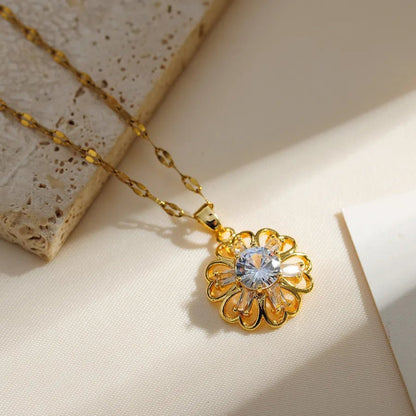 Copper Elegant Lady Modern Style Inlay Flower Zircon Pendant Necklace - Canvas & Charms