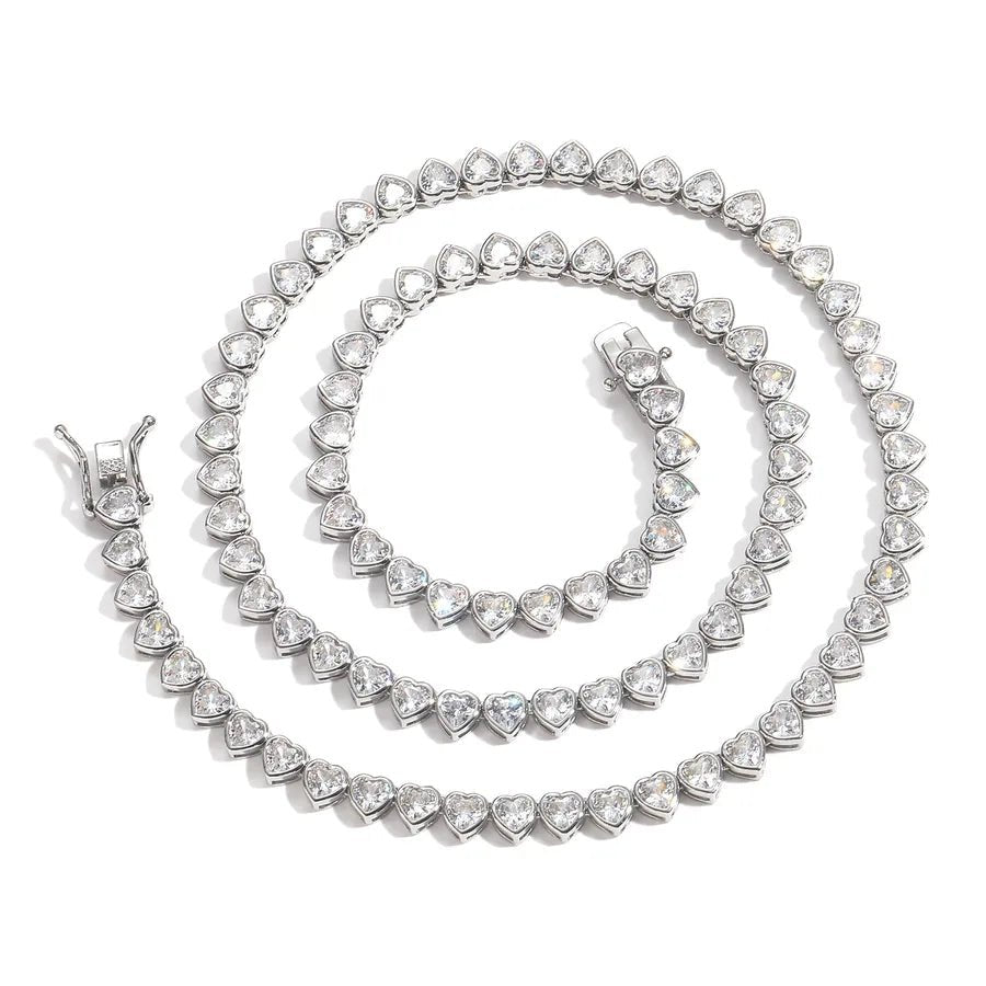 Couple's Style Tennis Chain Necklace Heart Shape Trendy Simple Stackable Fashion Jewelry Hip Hop Love Design Unisex Necklace - Canvas & Charms