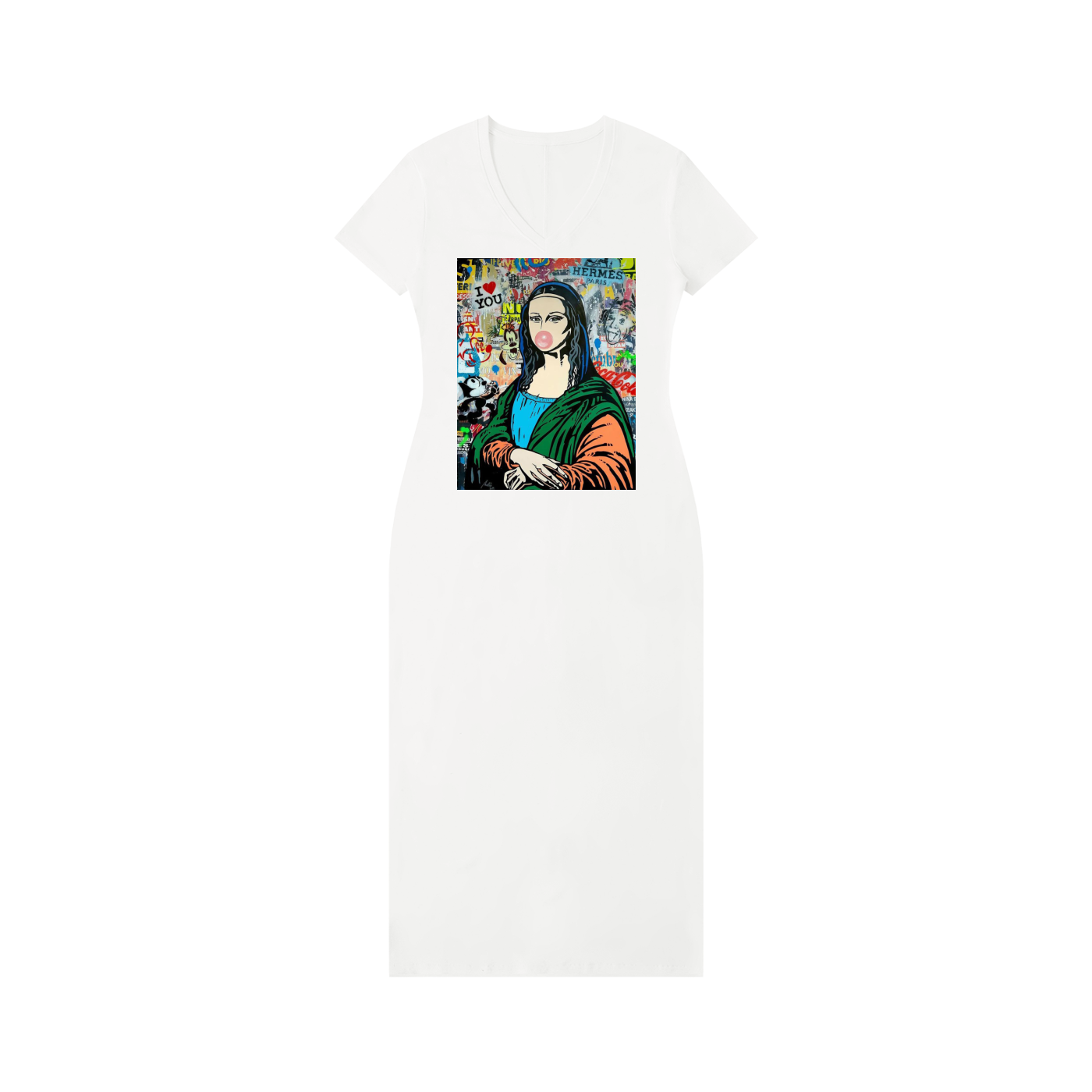 Women's V-Neck Short Sleeve Maxi Dress with Mona Lisa Art Print