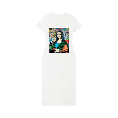 Women's V-Neck Short Sleeve Maxi Dress with Mona Lisa Art Print