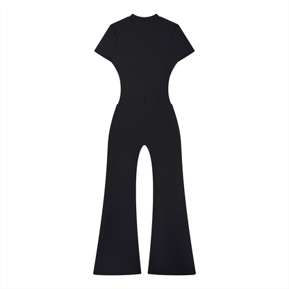 Women’s Tight Fit Flared Leg Quarter-Zip Jumpsuit Y2K Inspired Pixel Art