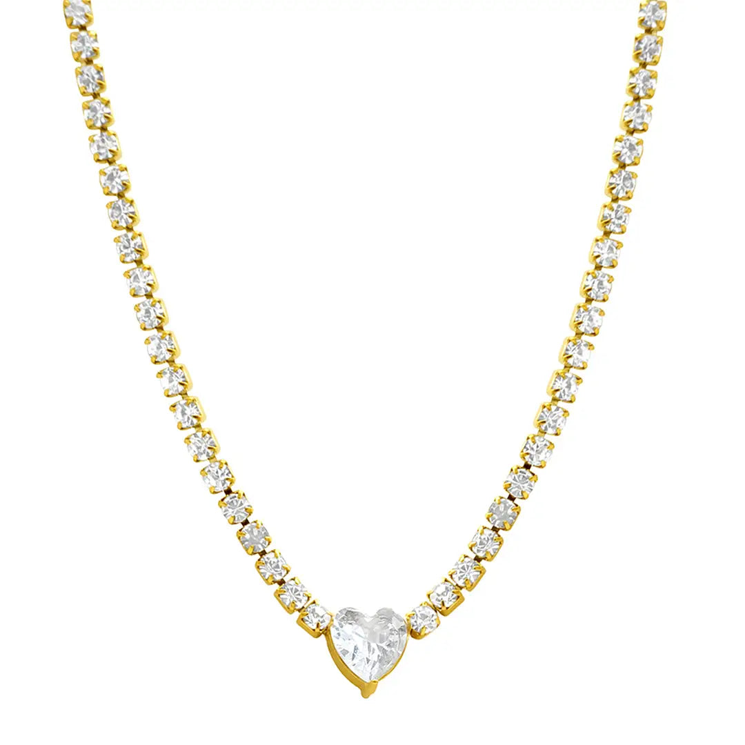 Crystal Heart Tennis Chain Necklace 14K Gold Water Resistant