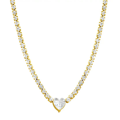Crystal Heart Tennis Chain Necklace 14K Gold Water Resistant