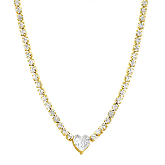 Crystal Heart Tennis Chain Necklace 14K Gold Water Resistant