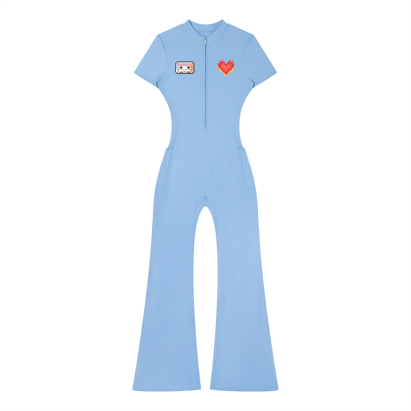 Women’s Tight Fit Flared Leg Quarter-Zip Jumpsuit Y2K Inspired Pixel Art