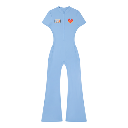 Women’s Tight Fit Flared Leg Quarter-Zip Jumpsuit Y2K Inspired Pixel Art