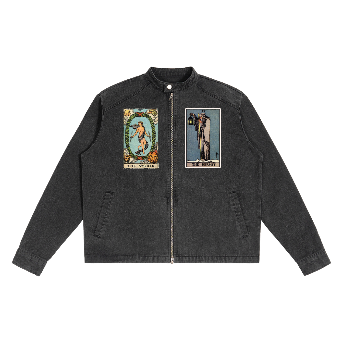 Denim Vintage Washed Jacket with Tarot Card Prints The World The Hermit and The Lovers