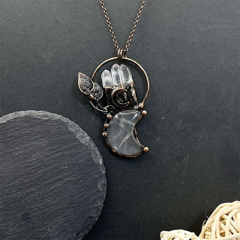 Clear Crystal Moon Plant Shape Pendant Gemstone Necklace
