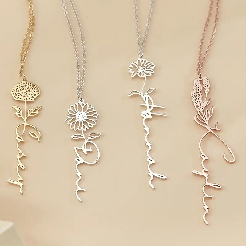 Personalized Name Necklace in Script with Birth Flower Design Gift for Her