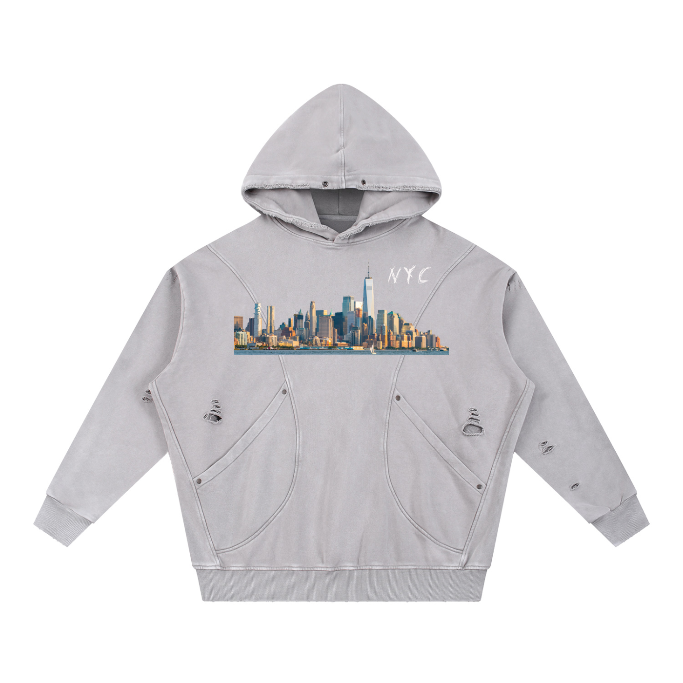 Unisex Snow Washed Distressed Panel Pocket Hoodie with NYC Skyline Print