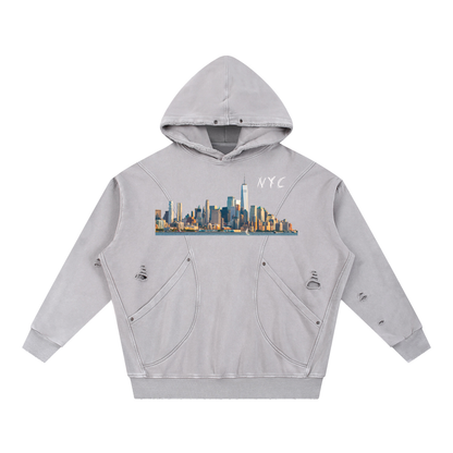 Unisex Snow Washed Distressed Panel Pocket Hoodie with NYC Skyline Print