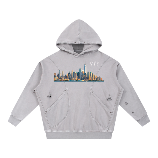 Unisex Snow Washed Distressed Panel Pocket Hoodie with NYC Skyline Print