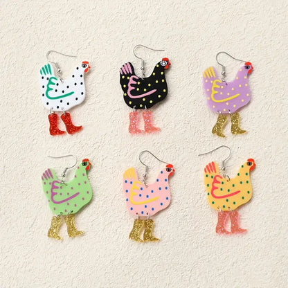 Polka Dot Chicken in Boots Dangle Drop Earrings