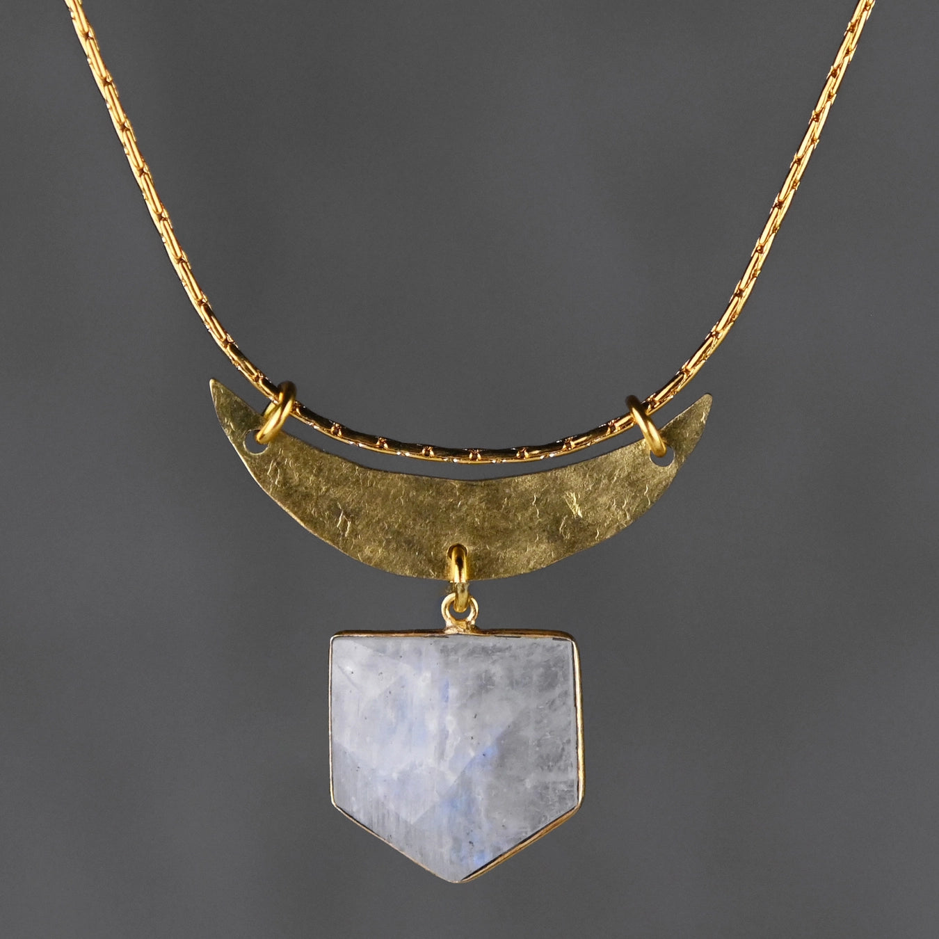 Moon & Semi Precious Shield Necklace Hammered Handmade Natural Gemstone