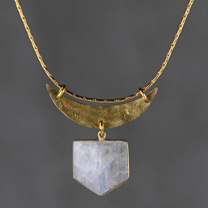Moon & Semi Precious Shield Necklace Hammered Handmade Natural Gemstone