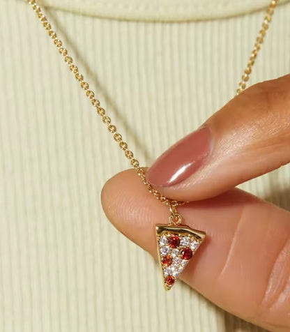 Pizza Necklace Baby Slice Pavé Slice of Life 14K Gold-Plated Stainless Steel