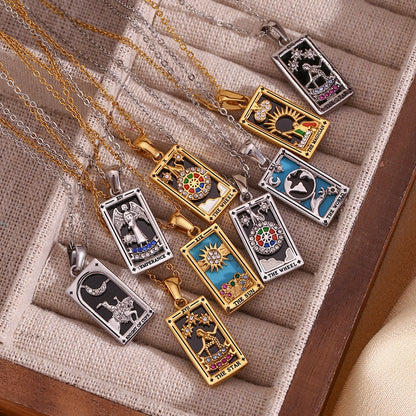 Tarot Card Necklace with Inlaid Design and Crystals