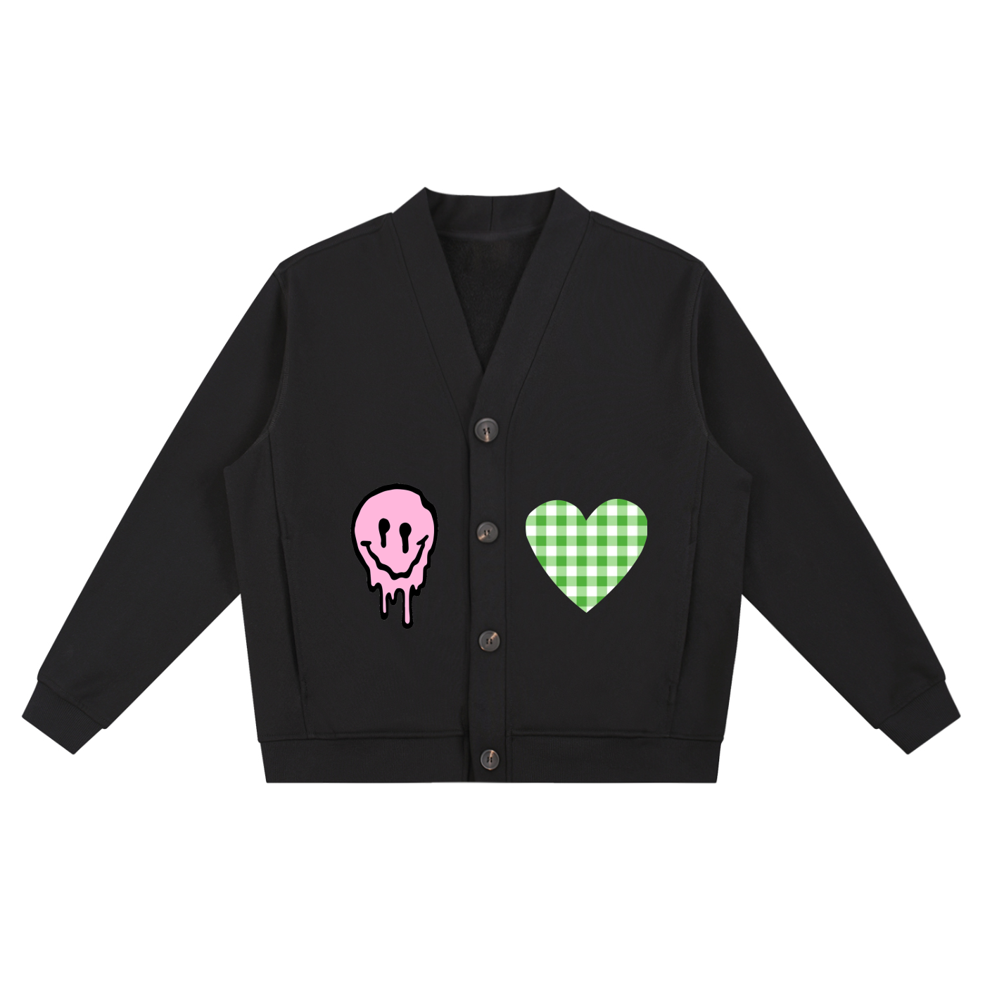 Unisex Essential Heavyweight Sweat Cardigan with Art Prints Smiley Face Green Gingham Heart