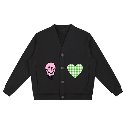 Unisex Essential Heavyweight Sweat Cardigan with Art Prints Smiley Face Green Gingham Heart