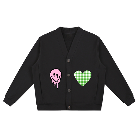 Unisex Essential Heavyweight Sweat Cardigan with Art Prints Smiley Face Green Gingham Heart