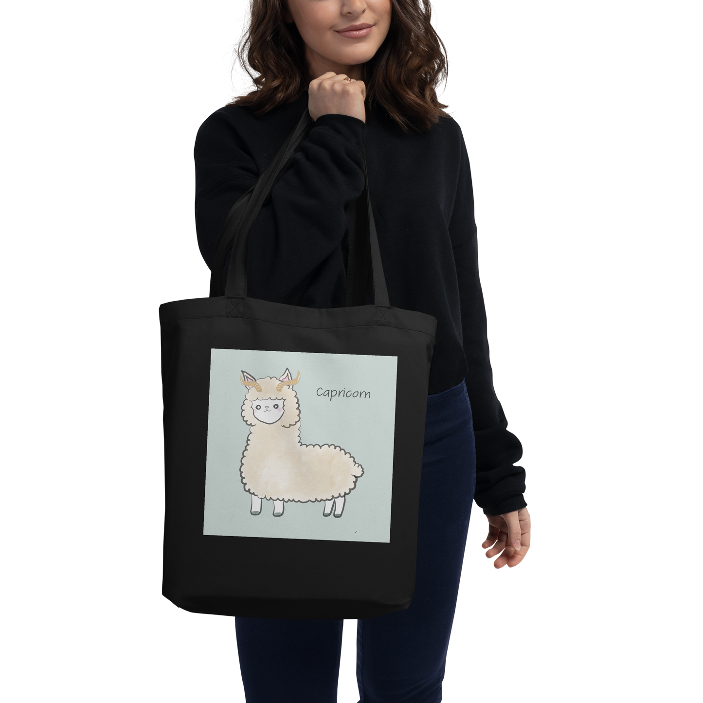 Astrology Tote Bag with Cute Alpaca Zodiac Sign Capricorn Organic Cotton Birthday Gift