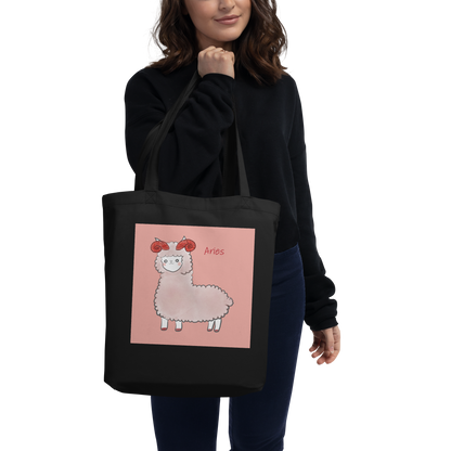 Astrology Tote Bag with Alpaca Zodiac Sign Aries Organic Cotton Birthday Gift