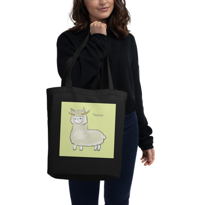 Astrology Tote Bag with Cute Alpaca Zodiac Sign Taurus Organic Cotton Birthday Gift